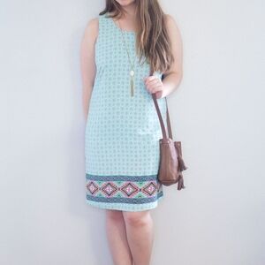 Skies Are Blue Mint Geometric Shift Dress with Embroidered Border